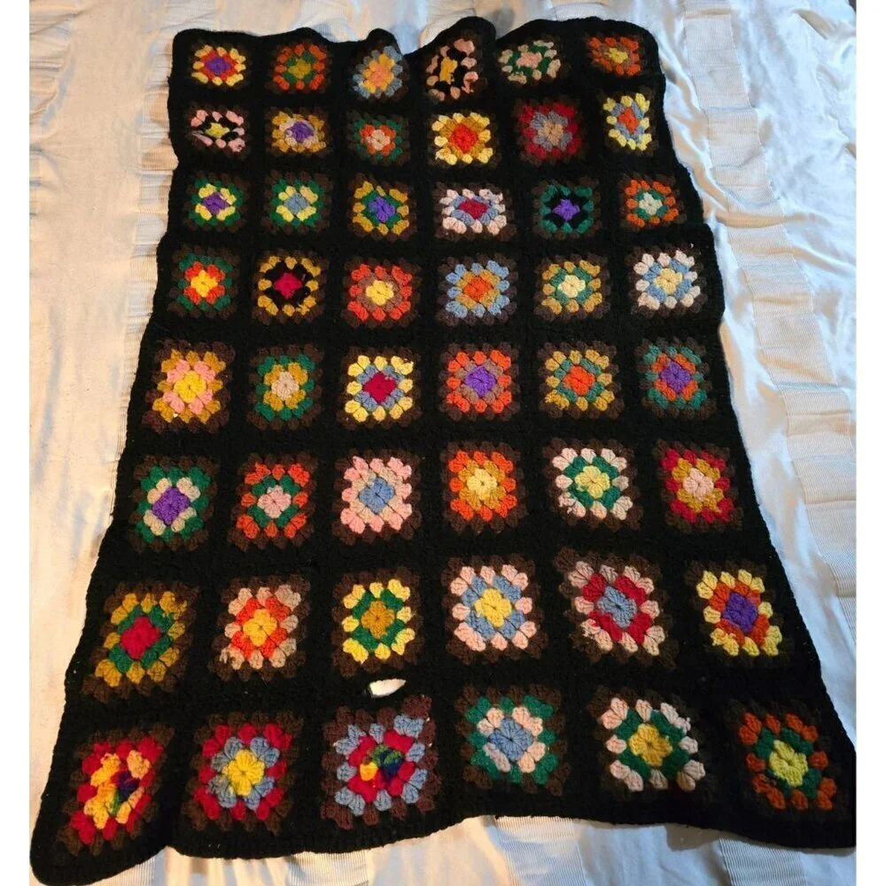 Vintage 1970s Handmade Grannysquare Colorful Hippie Throw Blanket Black